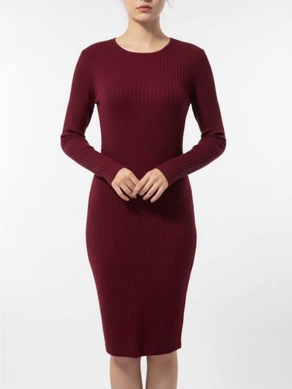 Forever 21 Burgundy Ribbed Long-Sleeve Midi Dress